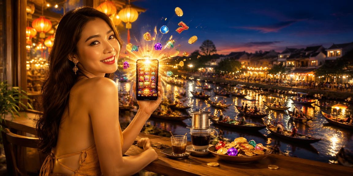 Phụ nữ Việt Nam tại Cần Thơ vừa uống cà phê vừa chơi slot game trên điện thoại